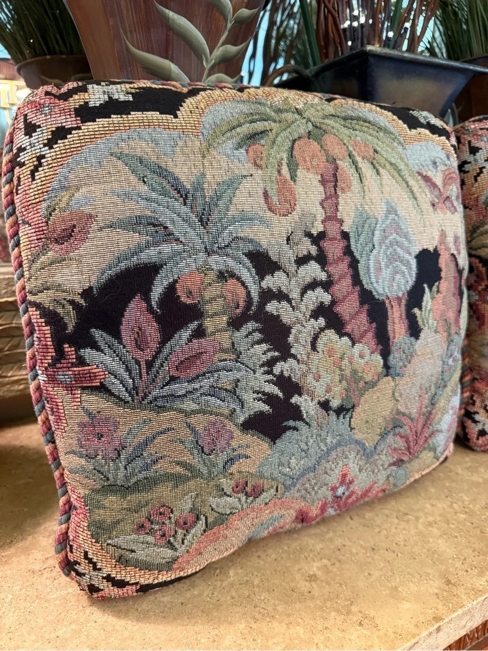 Vintage Aubusson Tapestry Needlepoint Palm Tree Pillows 18x18 - Pair